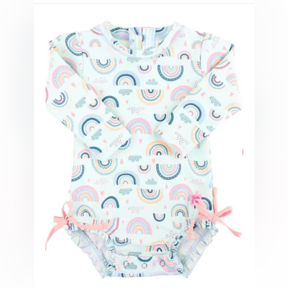 Rufflebutts Chase The Rainbow One Piece Rashguard bathing suit swim 12-18m